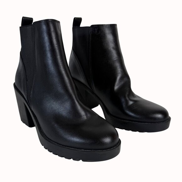 Divided Chunky Heel Ankle Boots Size 9.5 Biker Chic Black Platform Lug Shoe Edgy - Picture 2 of 16